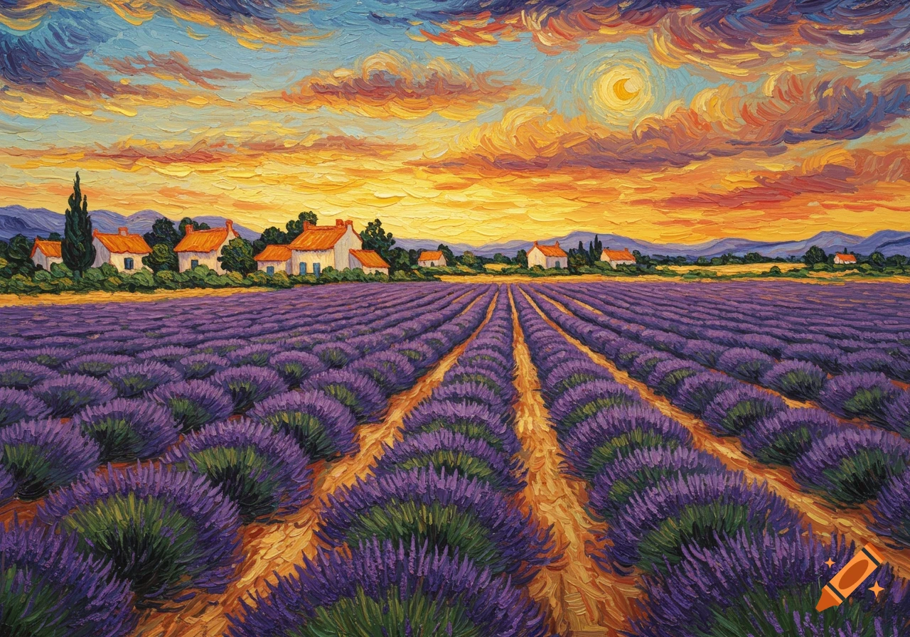 A vibrant Van Gogh style painting of purple lavender fields under a dramatic orange and blue sky with distant French houses.