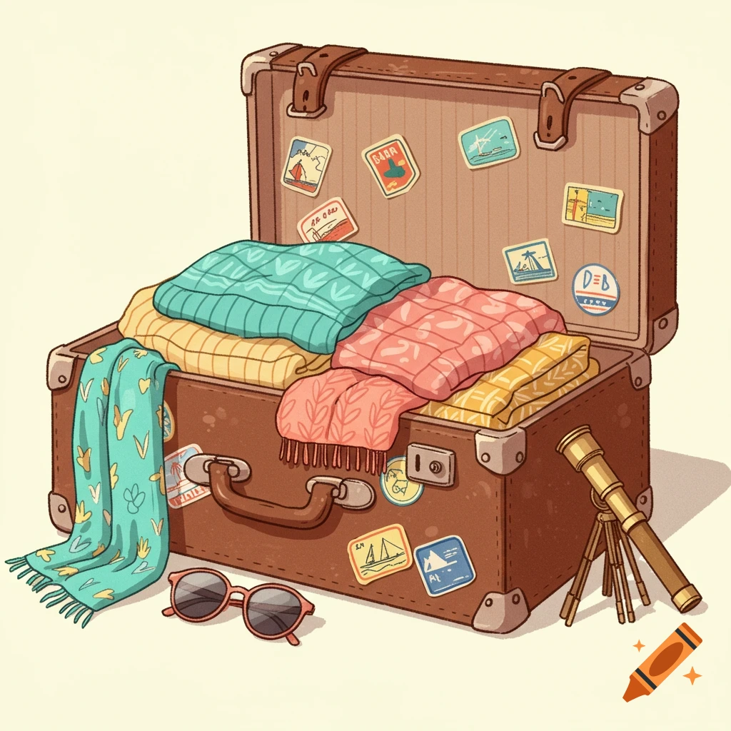 An open brown suitcase filled with colorful clothes, travel stickers, sunglasses, and a telescope, depicted in a simple illustration style.