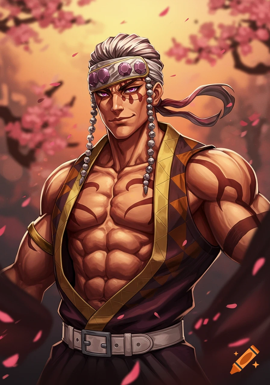 Muscular anime man with white headwrap and beaded braids against a cherry blossom background, rendered in a vibrant, illustrative style.