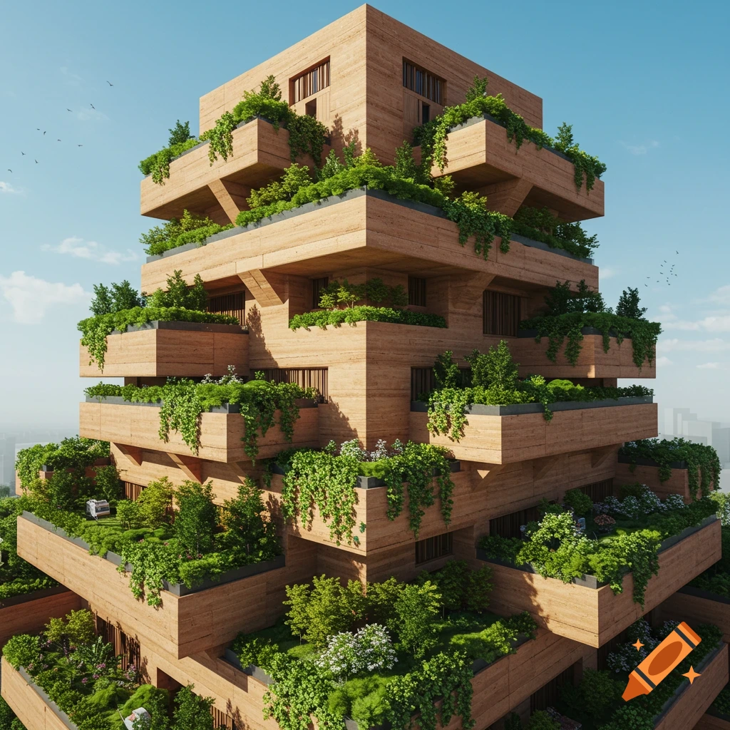 A photorealistic modern brutalist tower made of rammed earth, with numerous lush green terraces overflowing with plants under a blue sky.