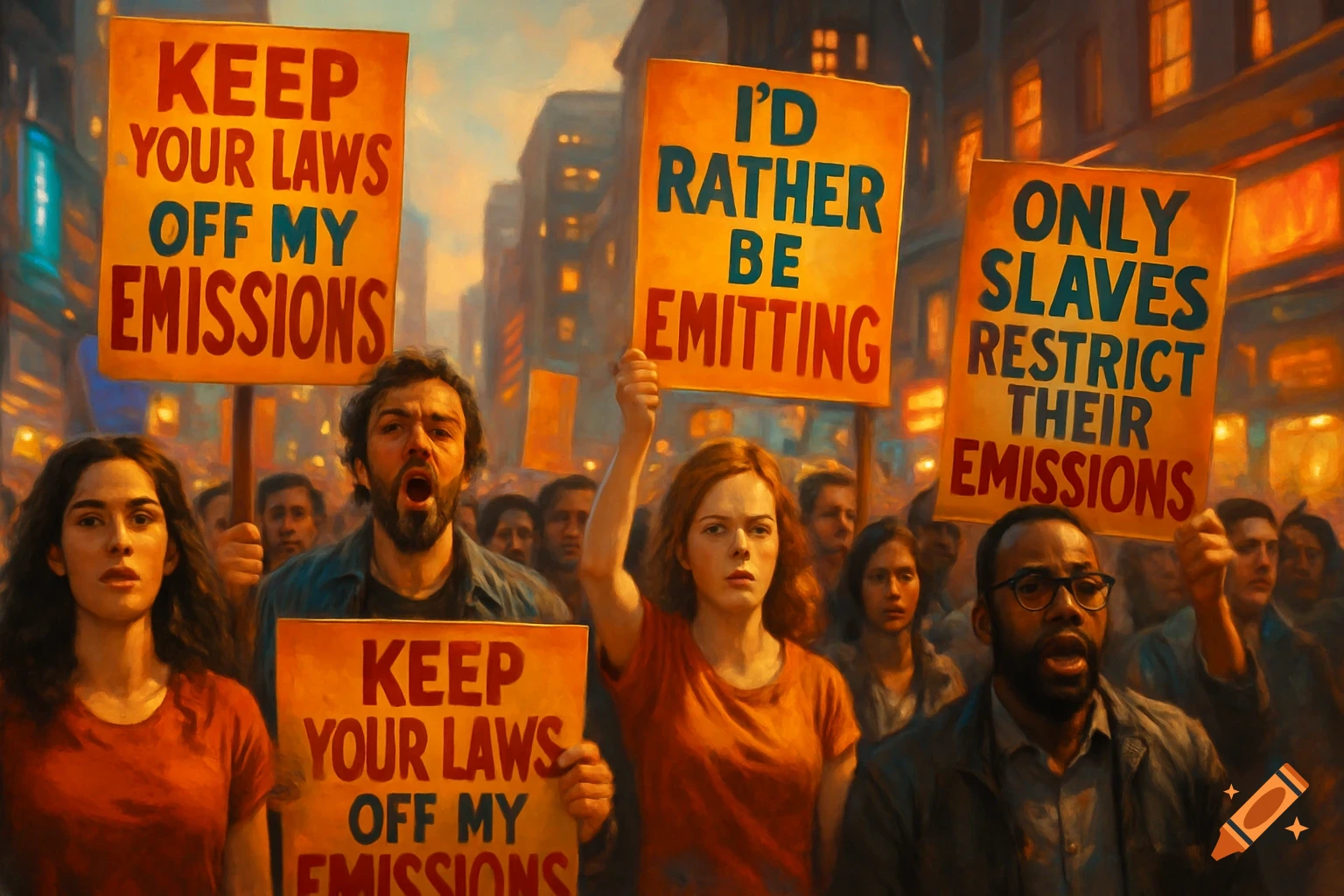 A stylized painting of a diverse group of protesters holding signs with messages about "emissions" in an urban setting at dusk.