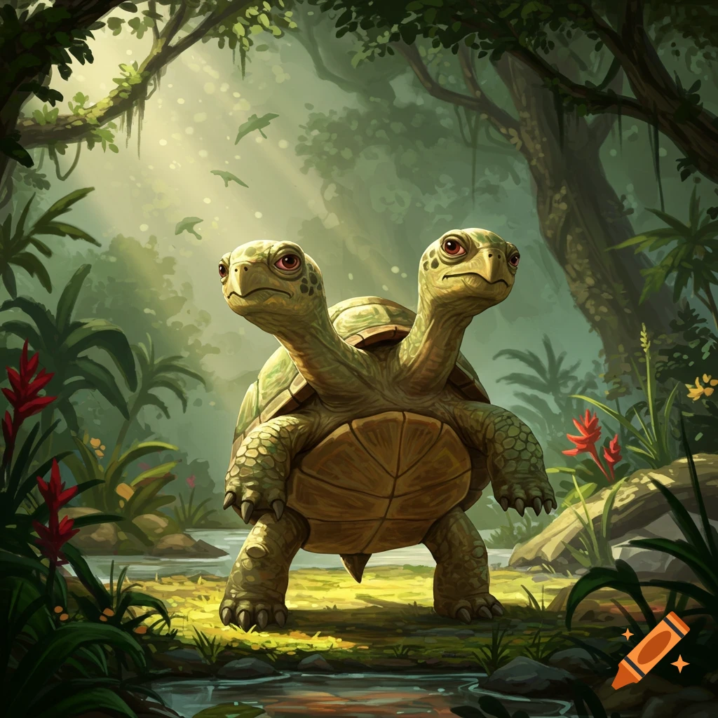 A two-headed turtle stands in a lush, sunlit jungle with a small stream in the foreground.