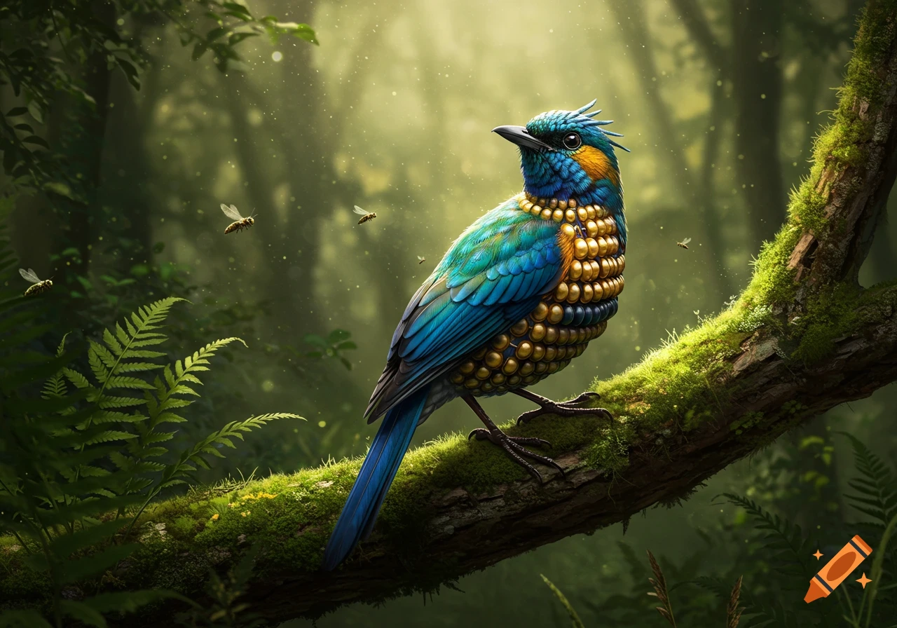 A colorful bird with a body made of golden, bead-like scales perches on a mossy branch in a sunlit jungle.