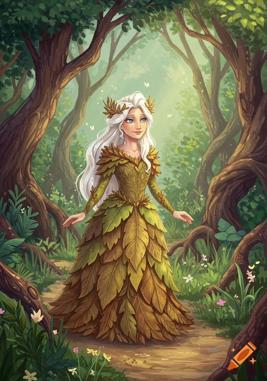 An illustration of a woman with long white hair and a leaf dress standing in a lush green forest.