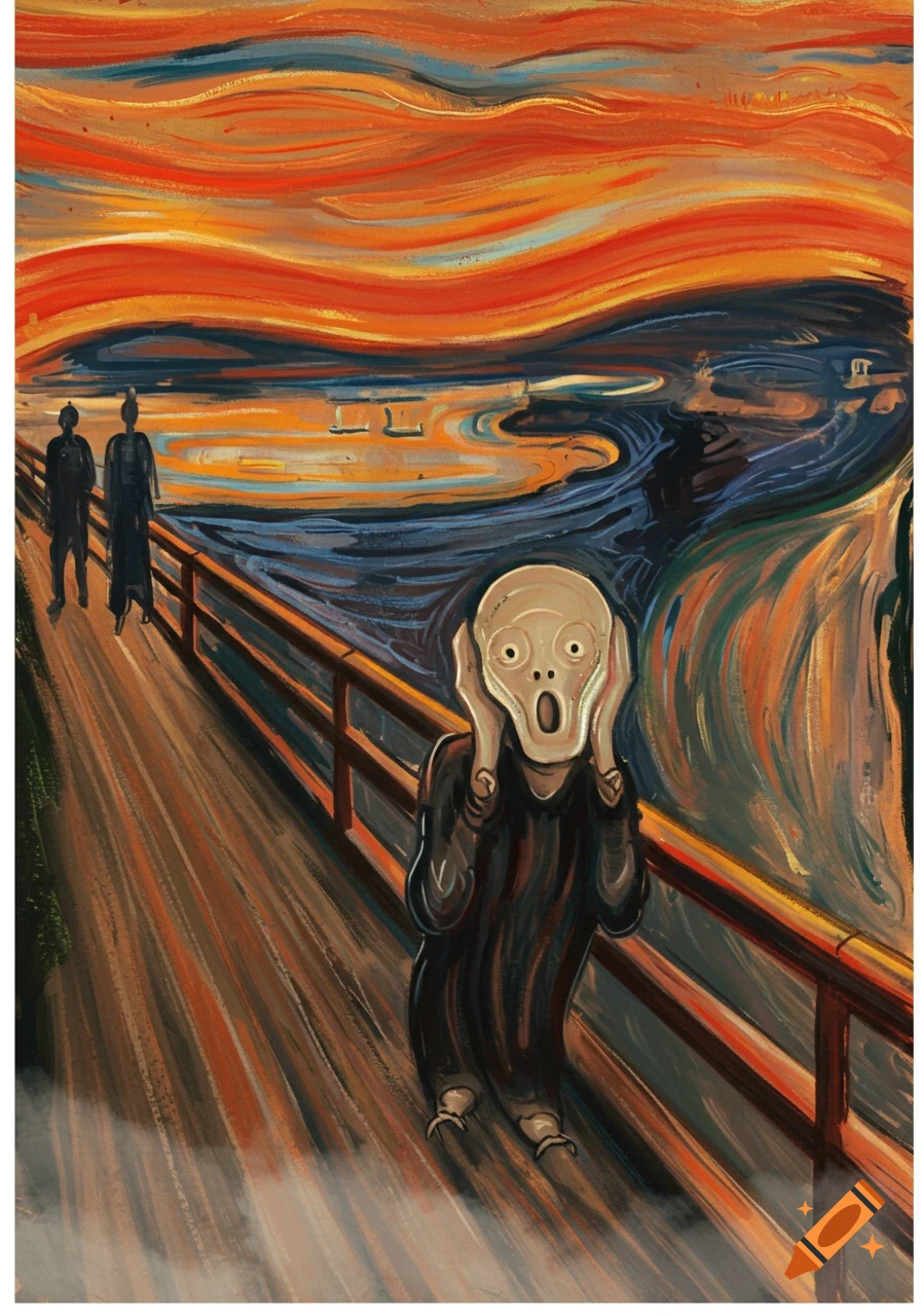 A surreal painting in the style of Edvard Munch's 'The Scream,' featuring a screaming tardigrade on a bridge.