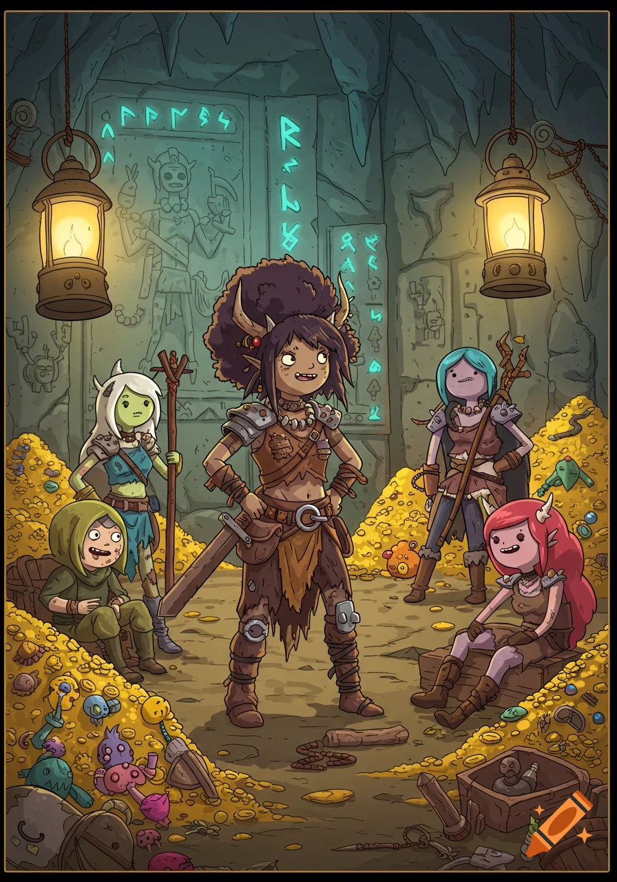Adventure Time style raider girls in a treasure-filled dungeon with glowing runes on the walls.