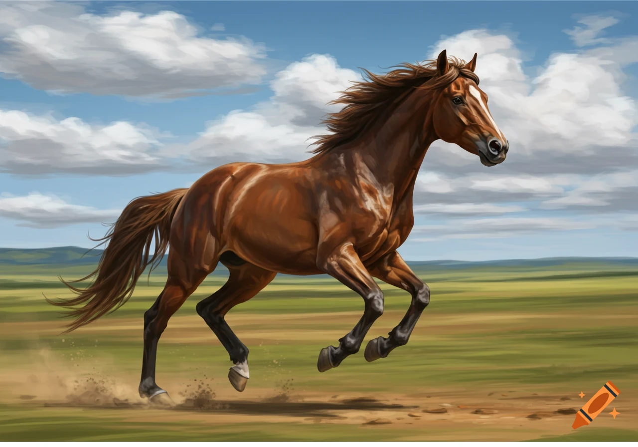 A brown horse gallops across a green field under a blue sky with white clouds.