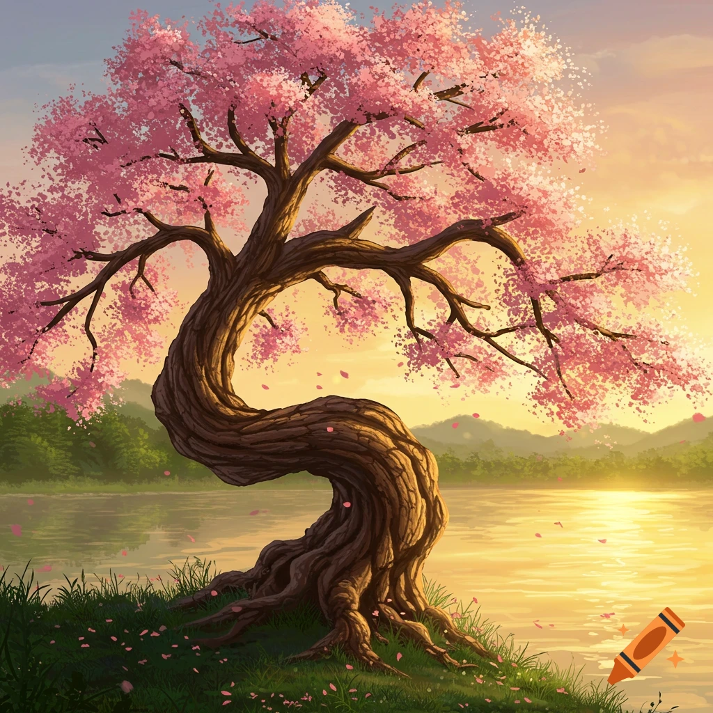 A twisted cherry blossom tree with pink flowers stands beside a shimmering lake at sunset, in an illustrated style.