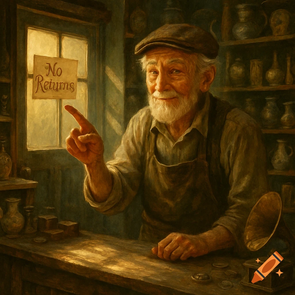An old bearded shopkeeper in a cap points to a 'No Returns' sign in a rustic shop, oil painting style.