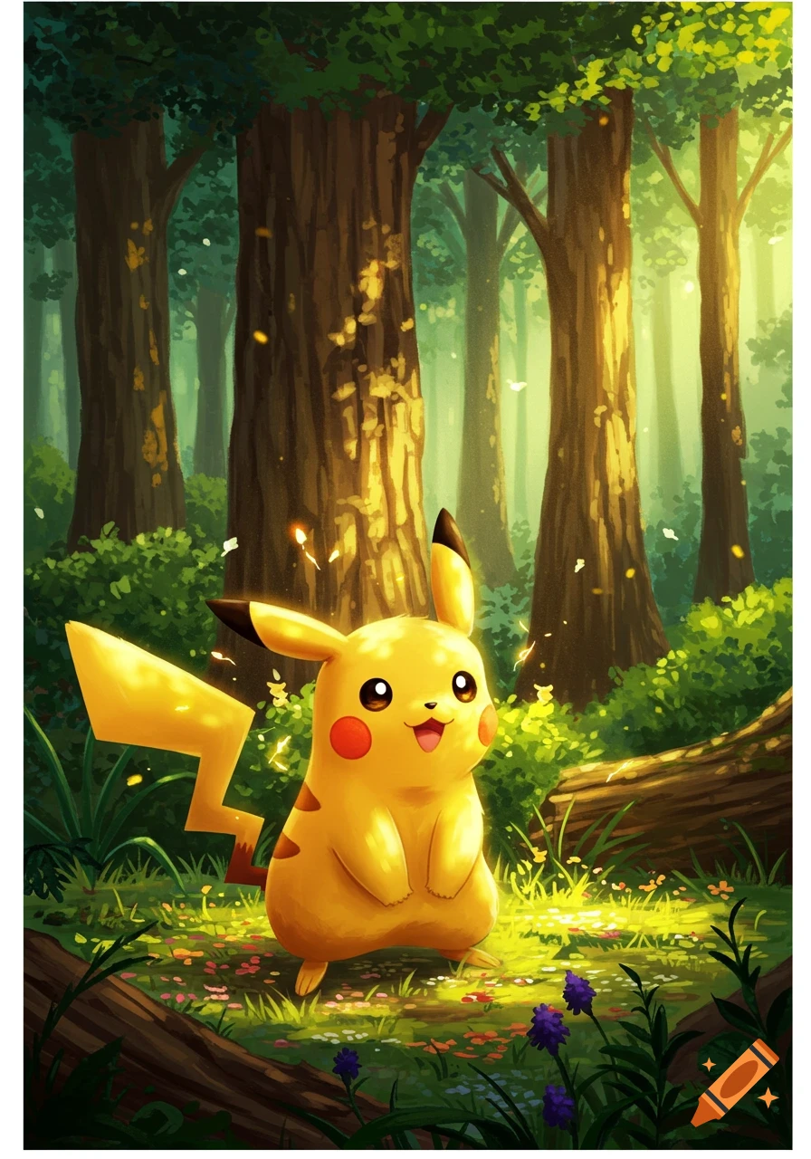 A smiling Pikachu stands in a brightly lit, mystical forest with tall trees and glowing flora, looking forward.