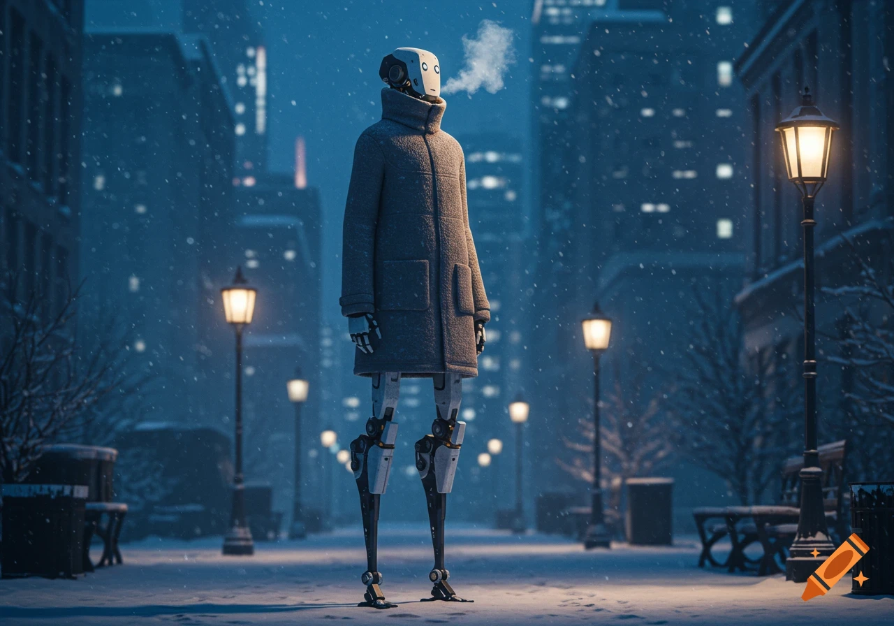 A tall robot in a long winter coat stands on a snowy city street at night, steam rising from its head.