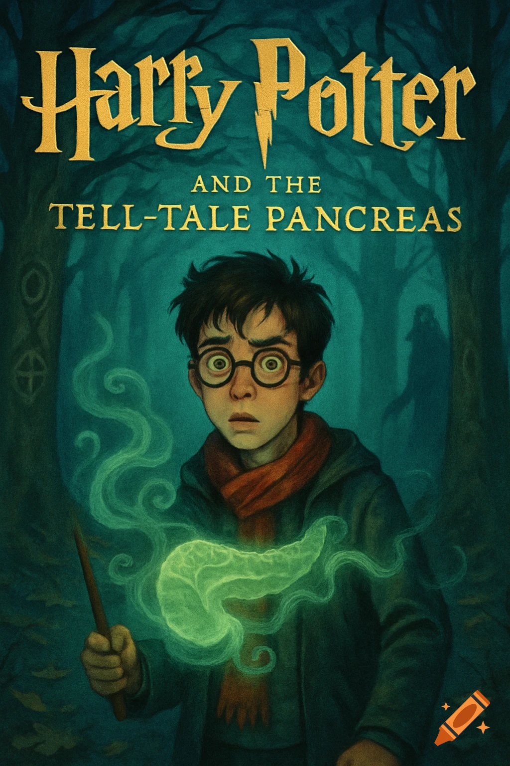 A stylized book cover for 'Harry Potter and the Tell-Tale Pancreas' showing a young Harry Potter holding a wand with a glowing green pancreas shape emanating from it, in a dark forest.