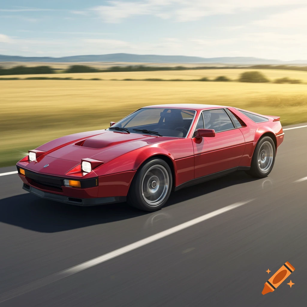 A shiny red sports car drives down a highway through a golden field with mountains in the distance under a sunny sky.