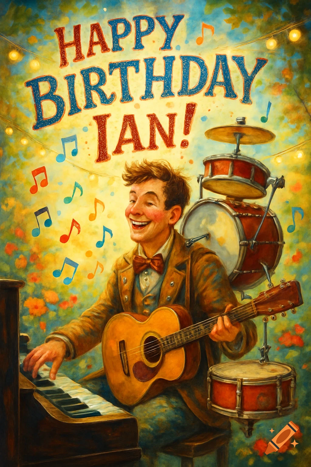 A painterly illustration of a cheerful man playing piano, guitar, and drums, with "HAPPY BIRTHDAY IAN!" text above.