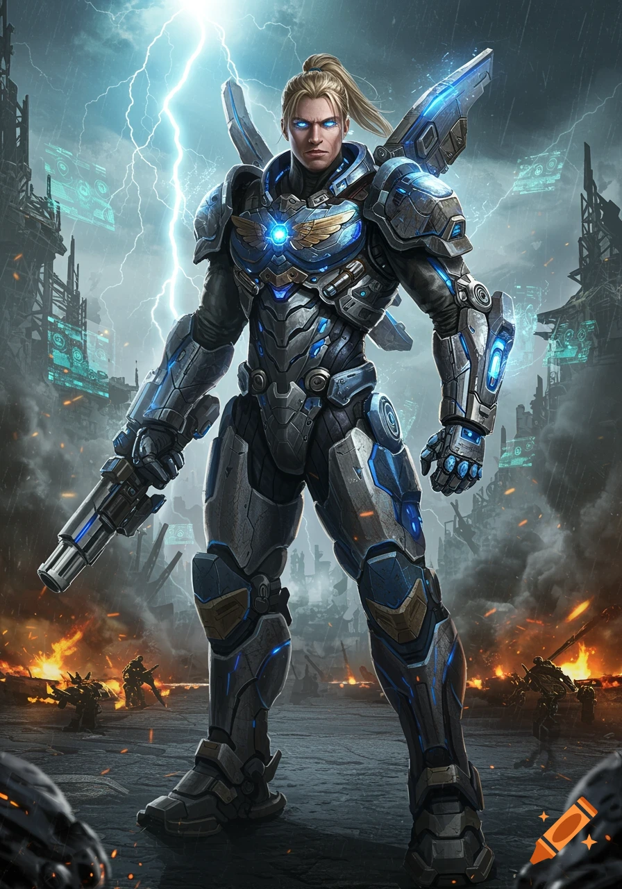 A blond male warrior in detailed blue and grey sci-fi power armor with glowing accents stands in a stormy, war-torn city with lightning.