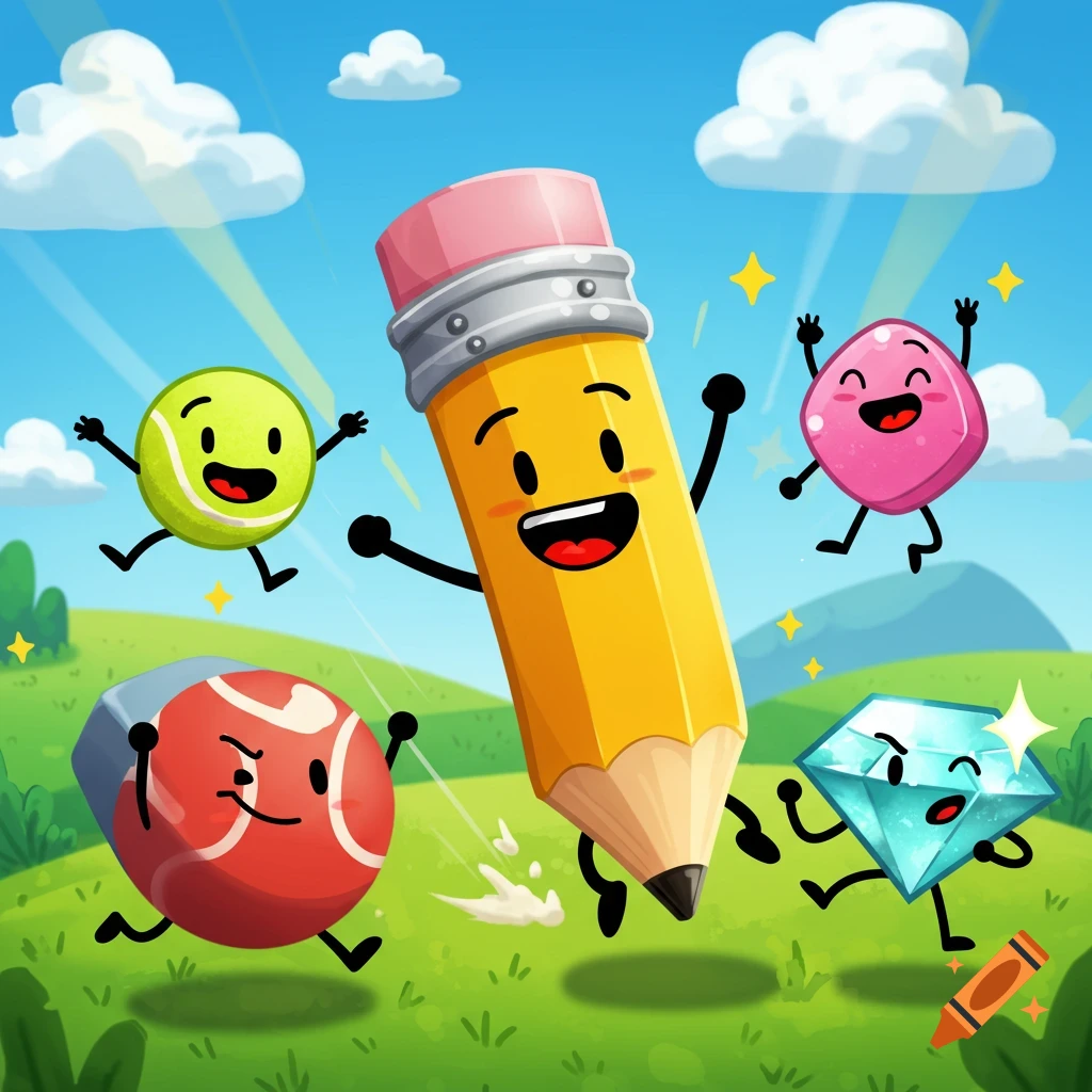 A happy cartoon pencil, tennis ball, eraser, and diamond run in a green field under a blue sky.