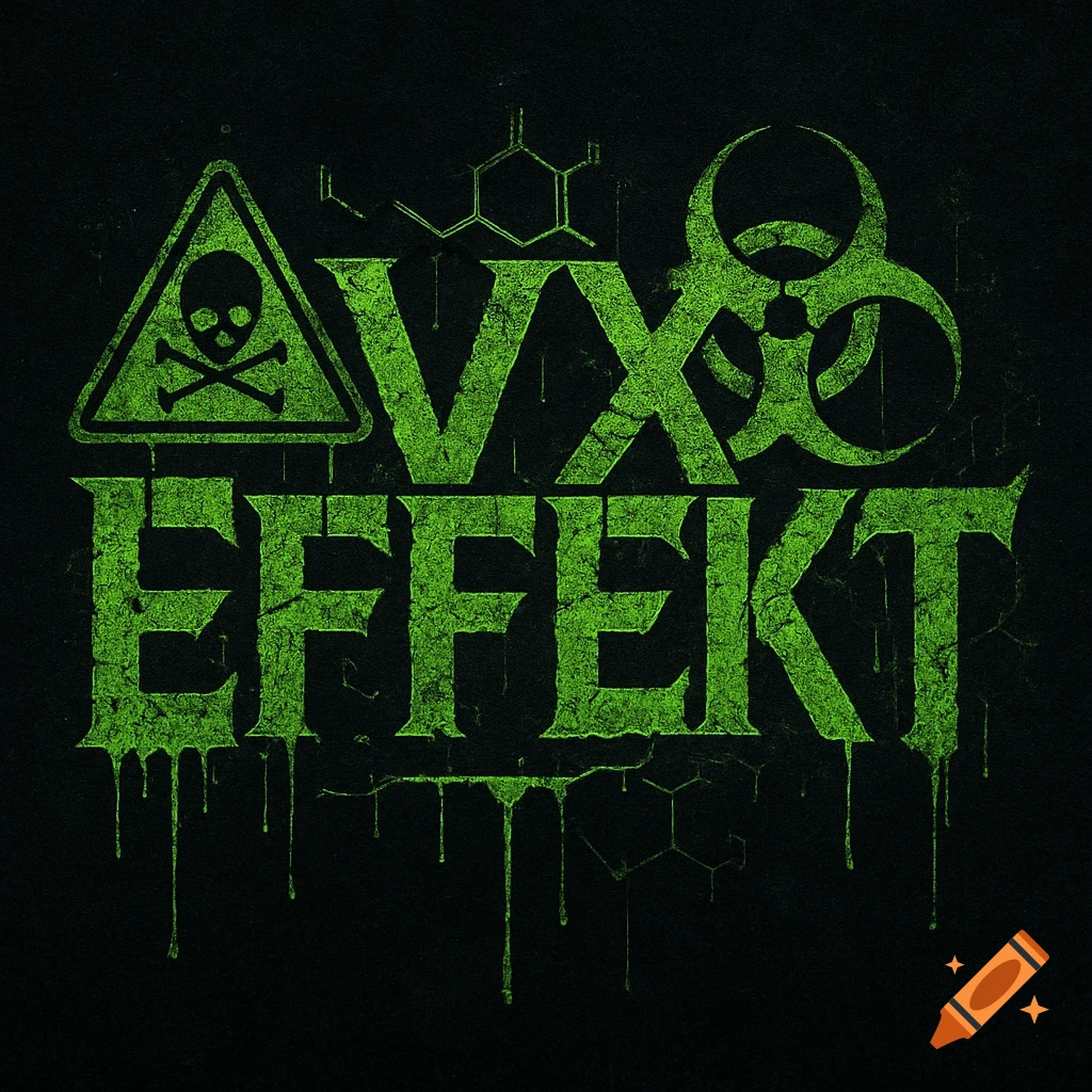 Neon green distressed logo for 'VX EFFEKT' with a skull and crossbones, biohazard symbol, and chemical structure on a dark background.