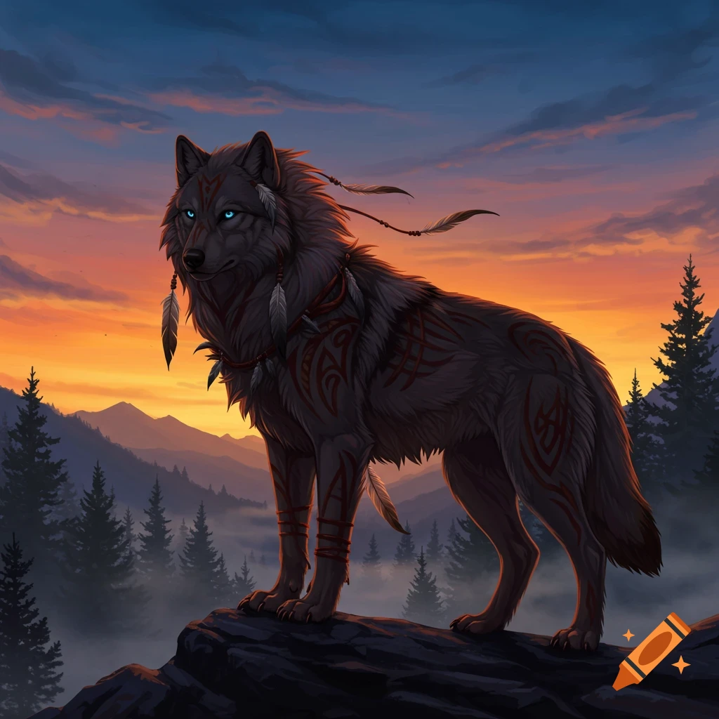 A stylized tribal wolf with glowing blue eyes stands on a rock overlooking a misty mountain landscape at sunset.