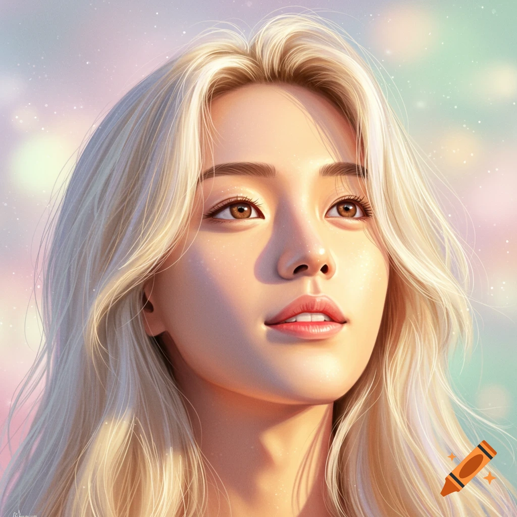 A close-up digital art portrait of a young woman with long blonde hair looking upwards, against a dreamy pastel background.