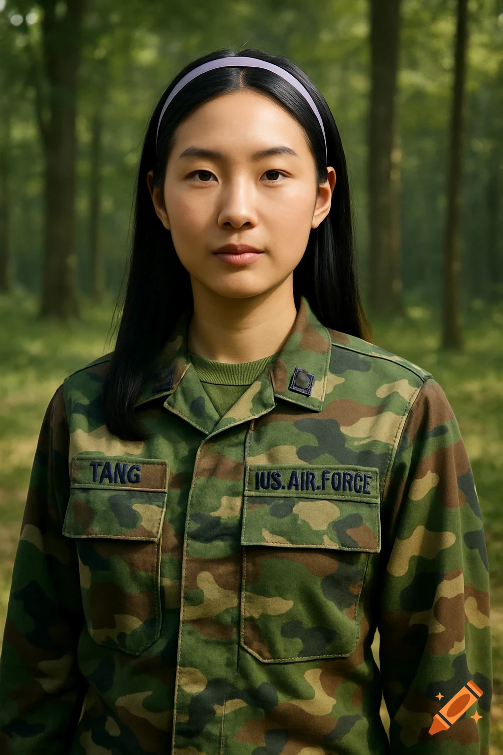 Photorealistic portrait of a woman in a military uniform, standing in a forest.