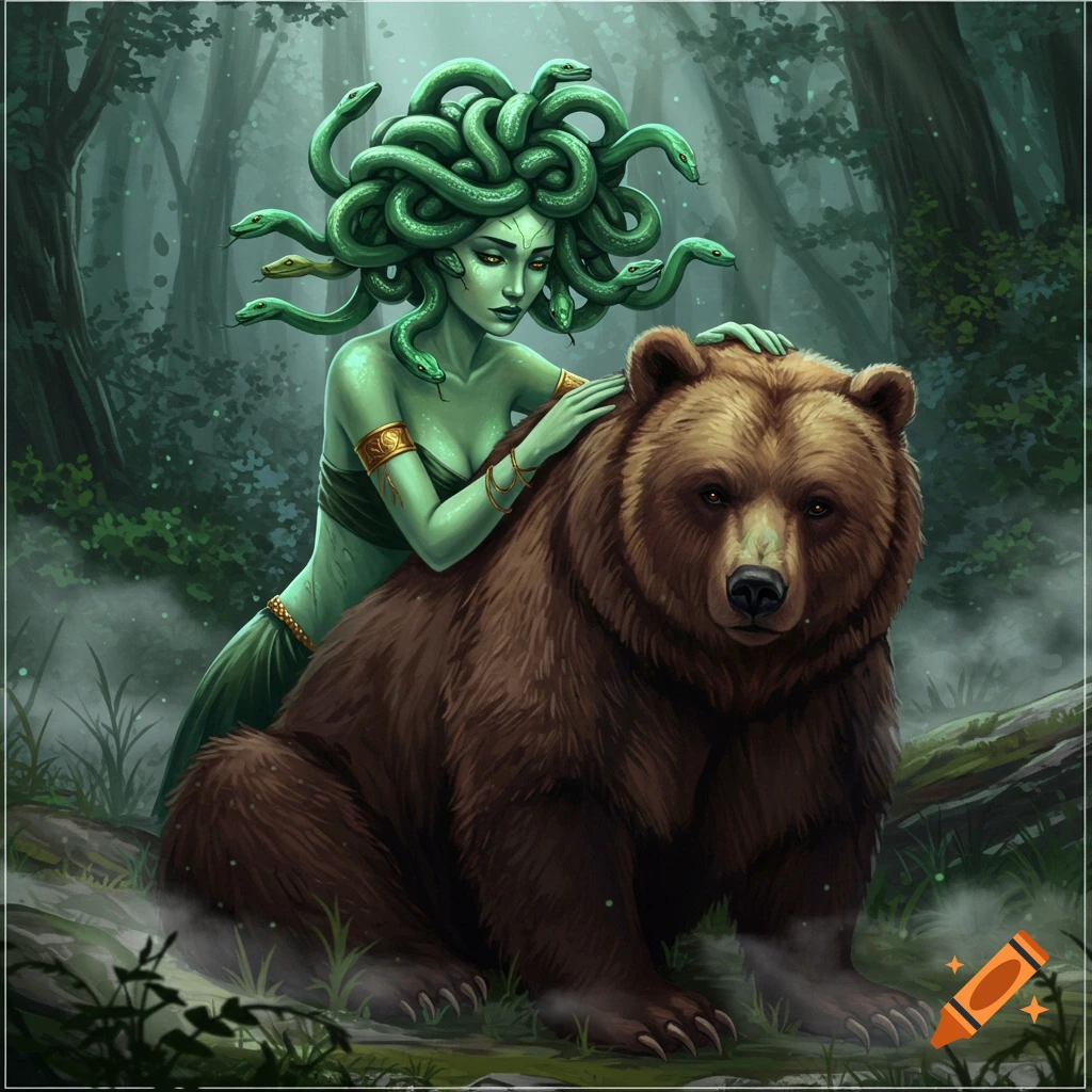 A detailed fantasy drawing of Medusa, with green skin and snakes for hair, gently petting a large brown bear in a mystical forest.
