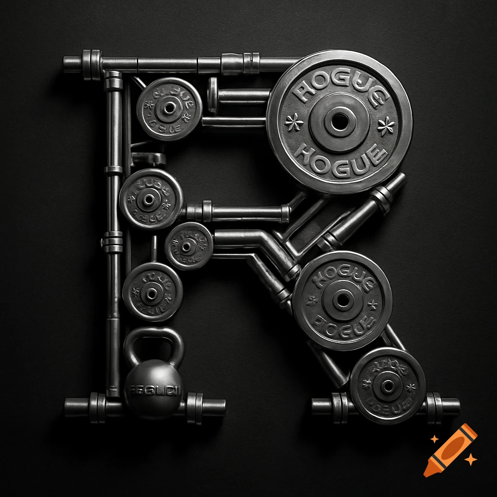 The letter 'R' formed by various silver and grey metallic gym equipment parts, including barbell weight plates, pipes, and a kettlebell, set against a dark background.
