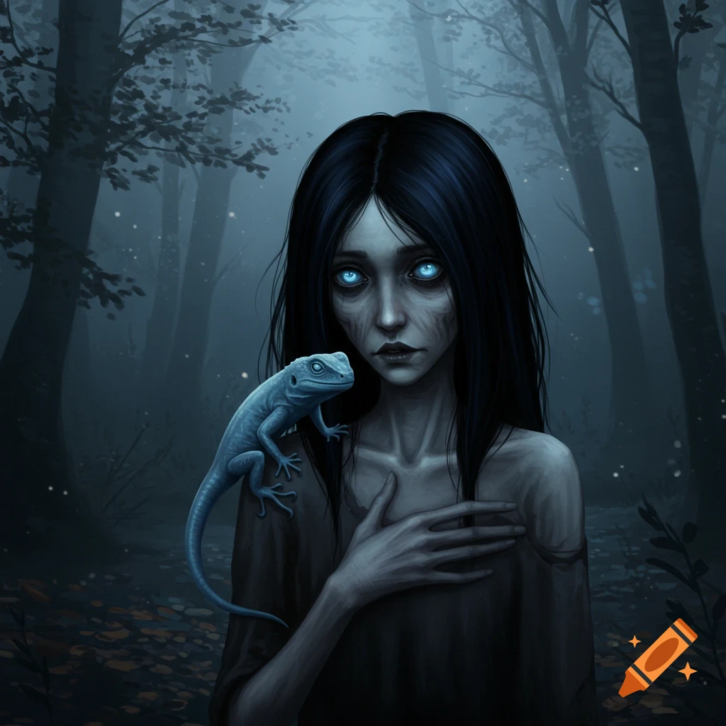 Digital painting of a scrawny woman with glowing blue eyes and a blue lizard on her shoulder in a dark, misty forest.