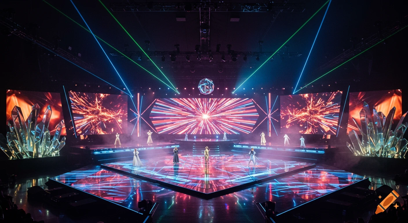 A large, futuristic concert stage illuminated with bright blue and green lasers, vibrant LED screen visuals, and performers on a reflective floor.