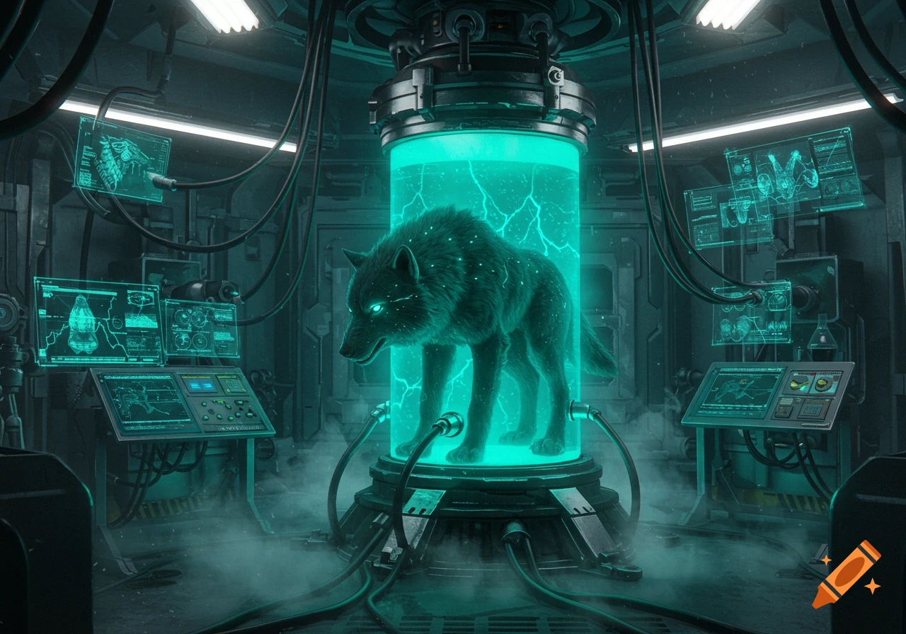 A glowing dire wolf stands inside a neon blue and green liquid-filled laboratory tank, surrounded by futuristic screens displaying data and wires.