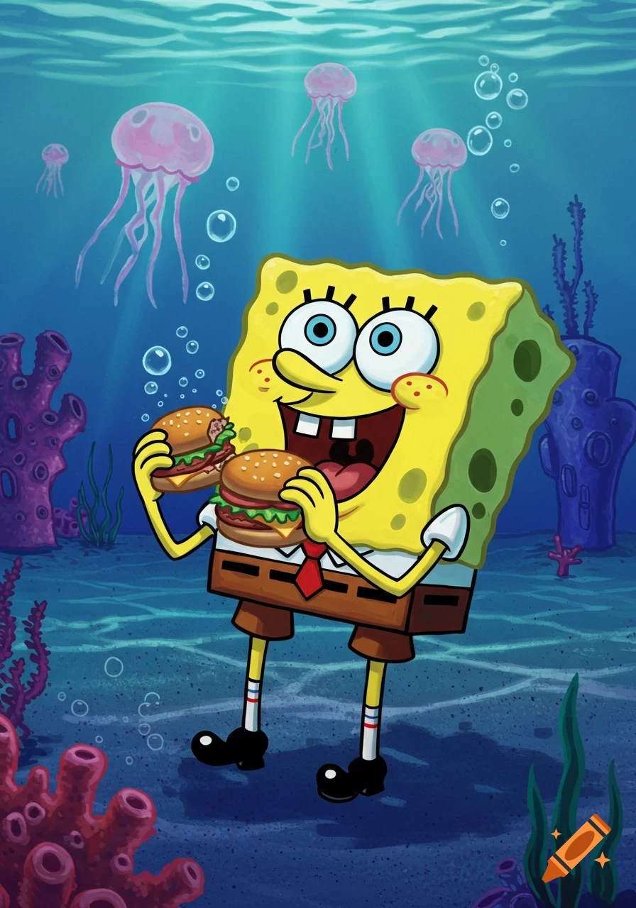 Spongebob Squarepants happily eating two hamburgers underwater with jellyfish swimming in the background, in a cartoon style.