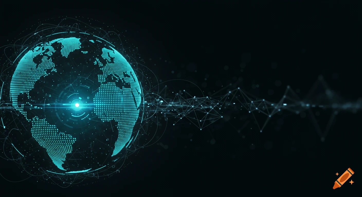 Digital globe with glowing continents and network lines on a dark background, symbolizing global connectivity and technology.