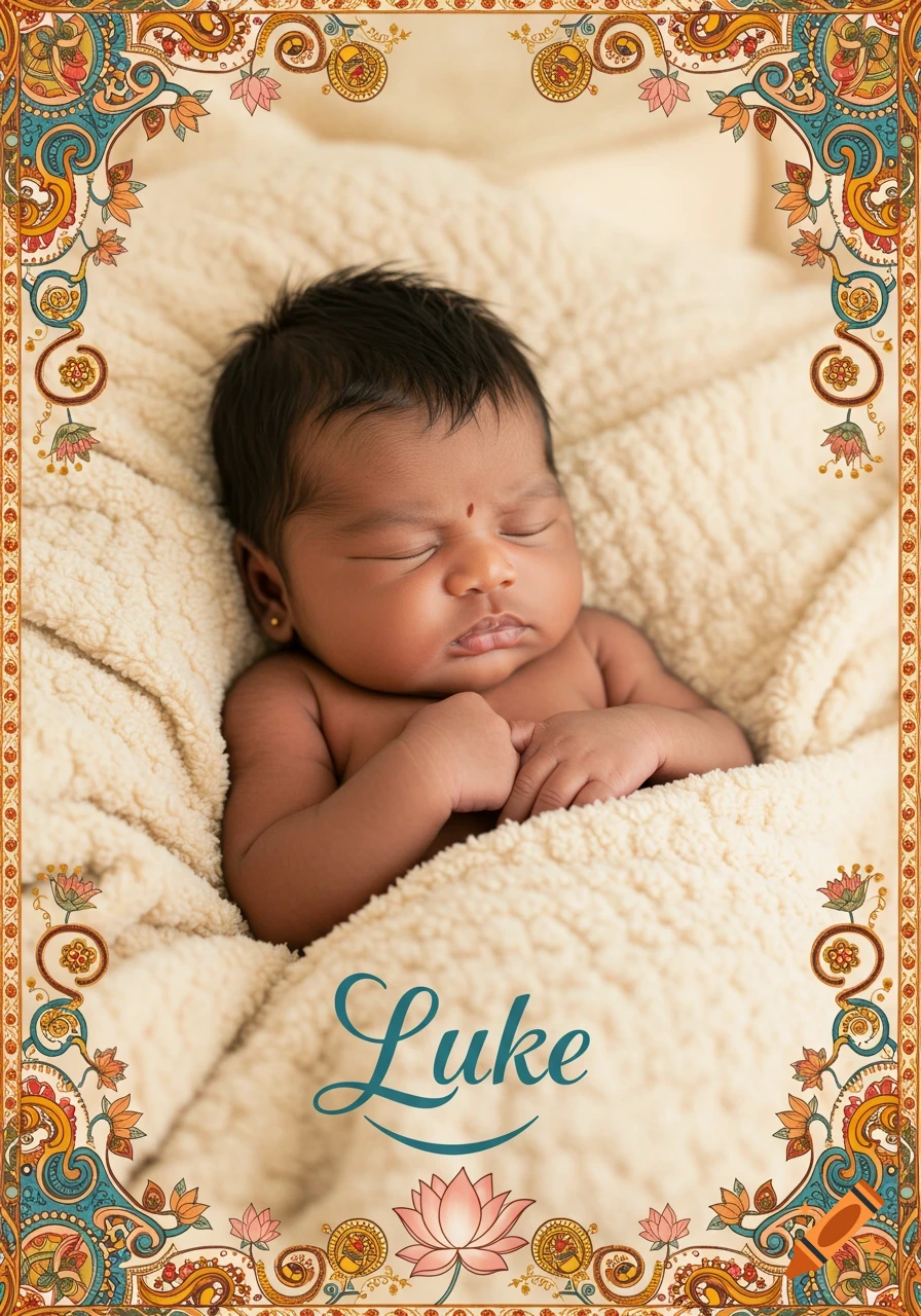 A sleeping newborn Indian baby wrapped in a cream blanket, framed by an ornate border with a lotus flower and the name Luke.