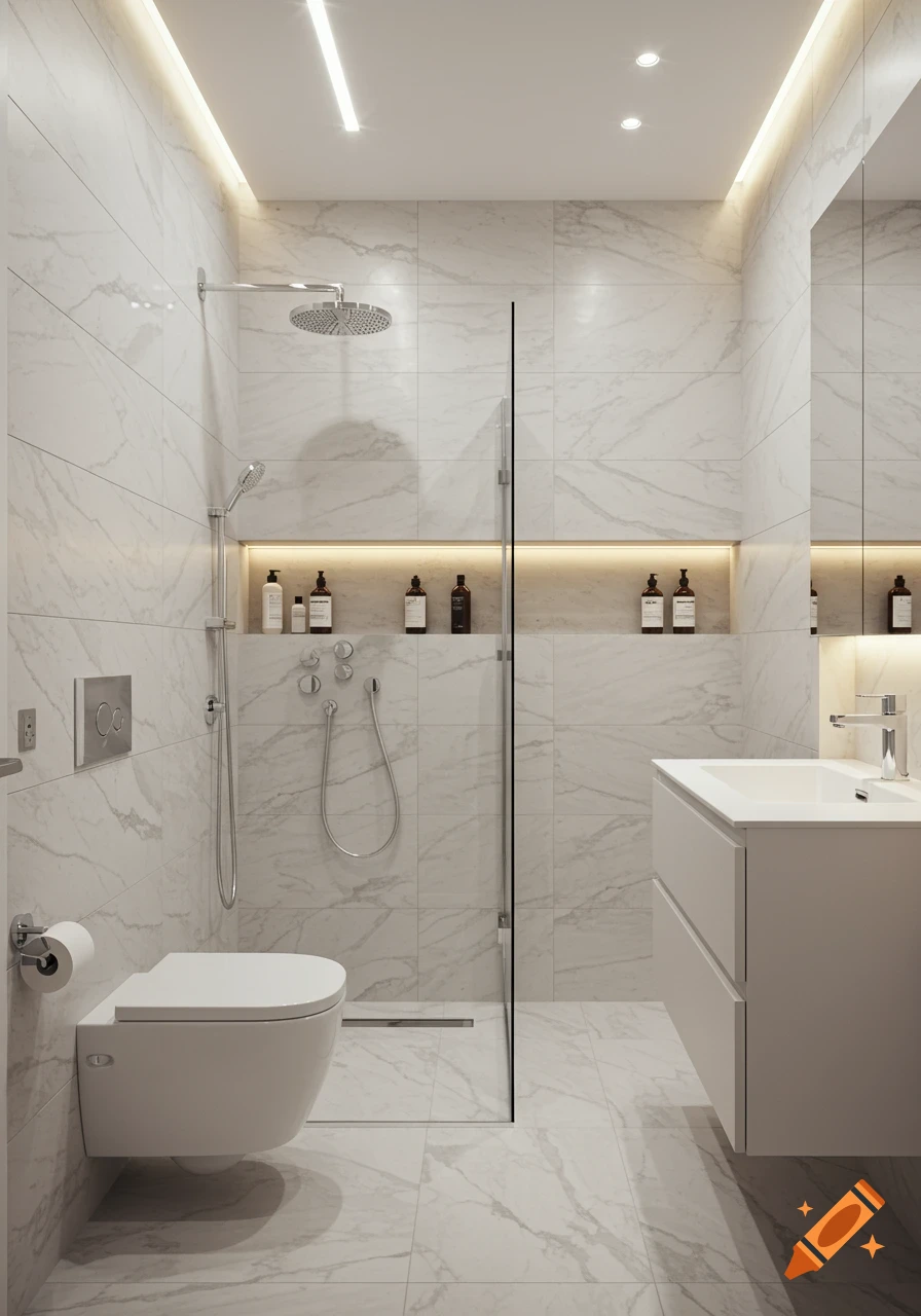 A modern bathroom with white marble tiles, a glass walk-in shower, a toilet, and a vanity with a sink. Recessed shelving with bottles is visible in the shower.