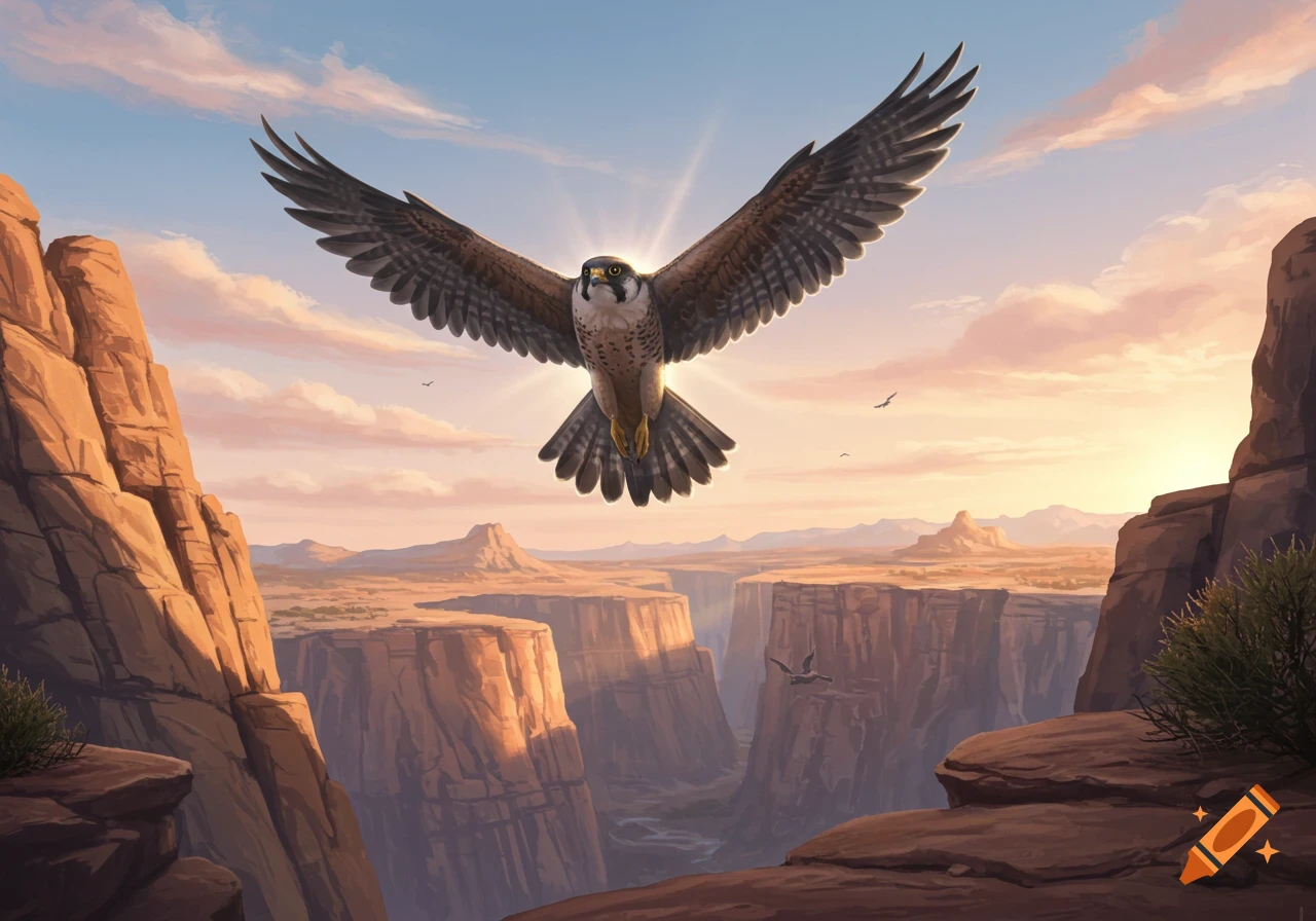 A majestic falcon with spread wings soars over a vast desert canyon at sunset.