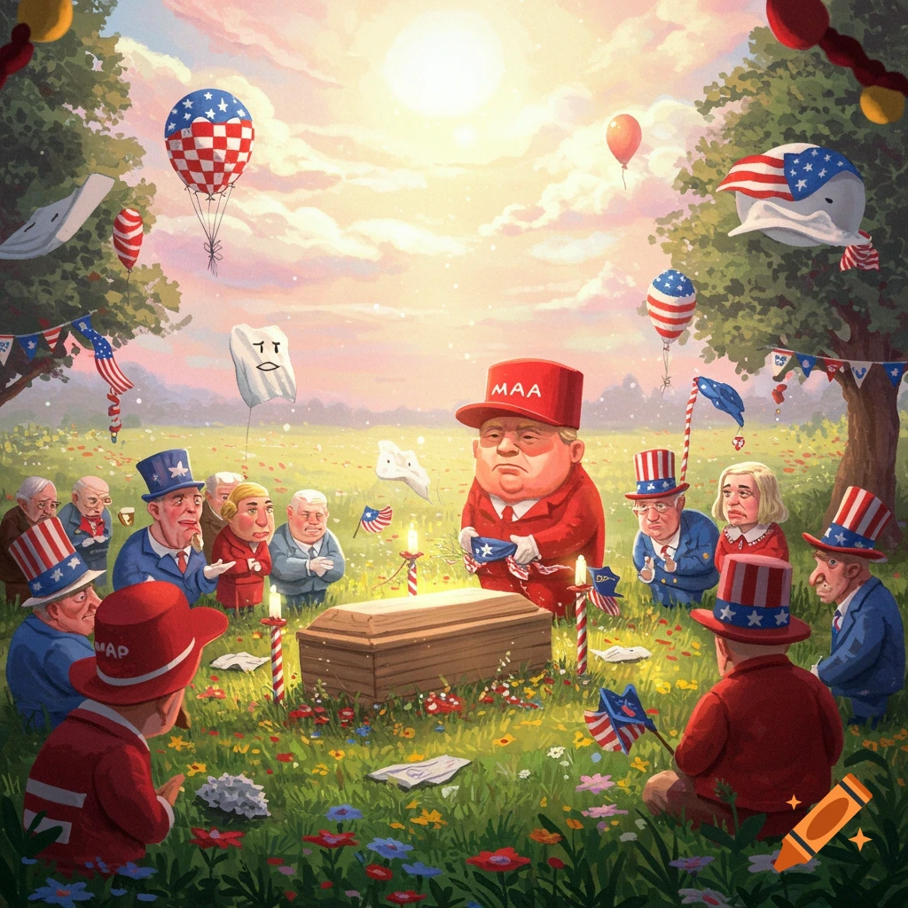 A colorful cartoon shows a funeral for MAGA support in a field of flowers, with caricatured political figures like Donald Trump surrounding a coffin.