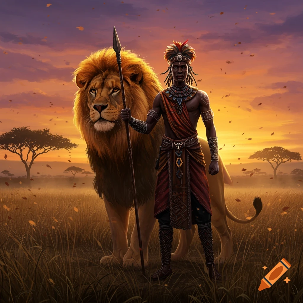 An African warrior stands beside a lion in a savanna at sunset, stylized illustration.