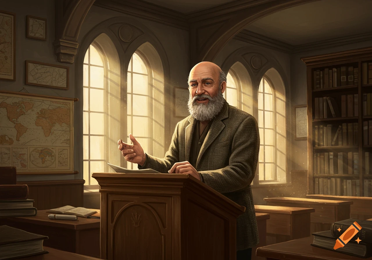 A bald, bearded history teacher stands at a wooden podium in a sunlit classroom, gesturing while lecturing.