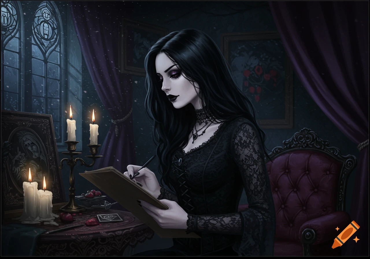 A goth woman with long black hair draws at a desk in a dimly lit, gothic room with candles and a large window. Dark fantasy illustration.