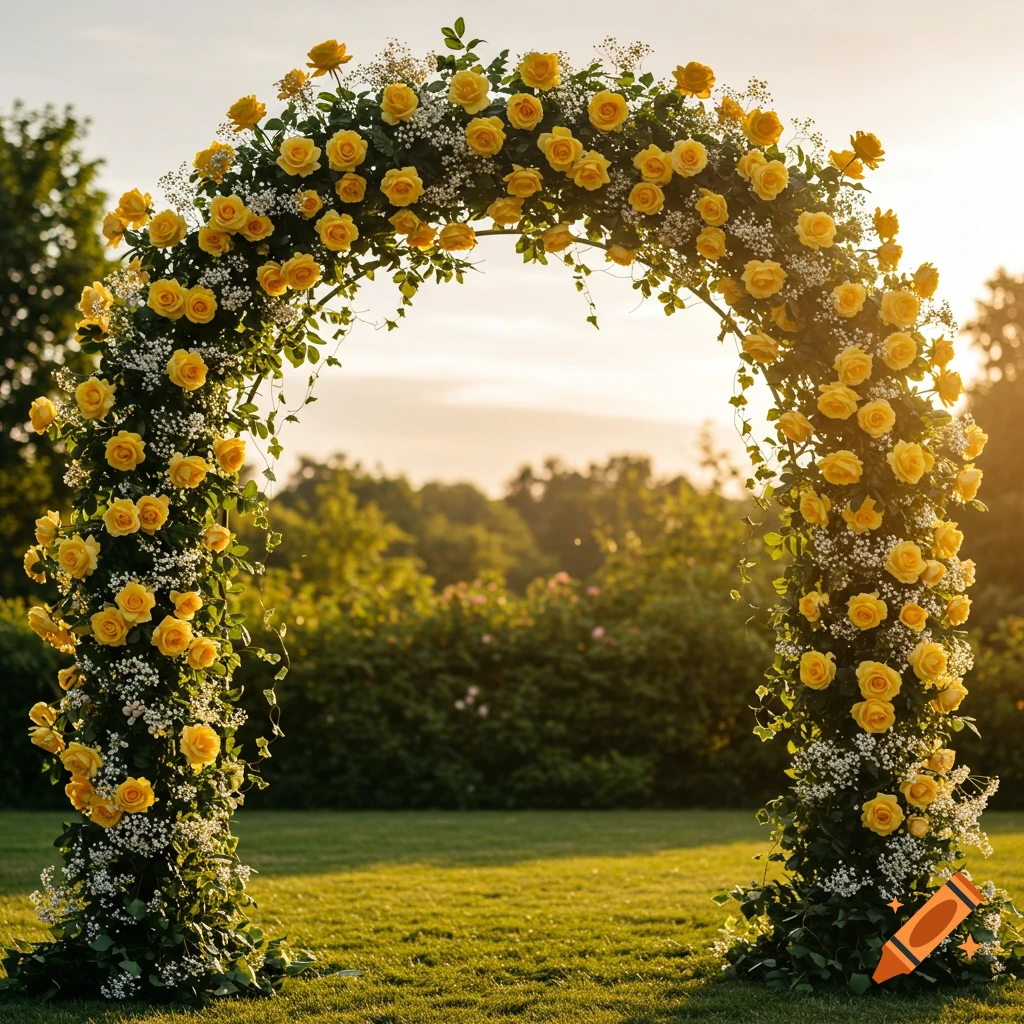 A wedding arch adorned with bright yellow roses and white filler flowers stands on a green lawn at sunset, with trees in the background.