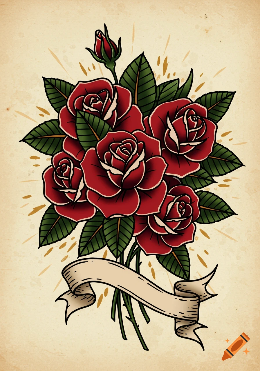A bouquet of red roses with green leaves in American traditional tattoo style on a vintage paper background.