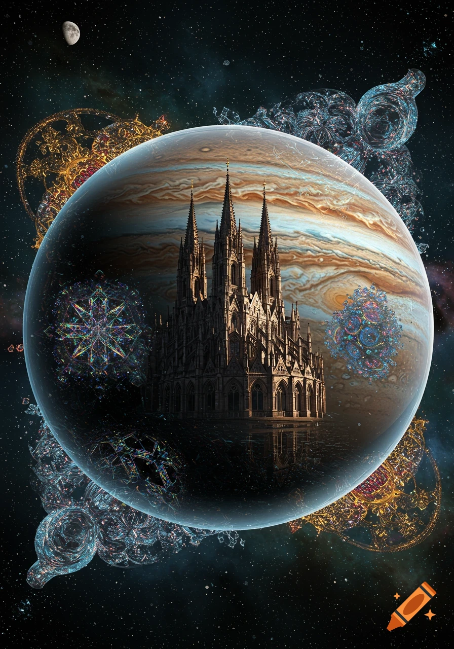 A gothic cathedral sits on the surface of Jupiter, which appears as a large sphere in deep space, surrounded by intricate glowing geometric patterns. A crescent moon is visible in the top left.