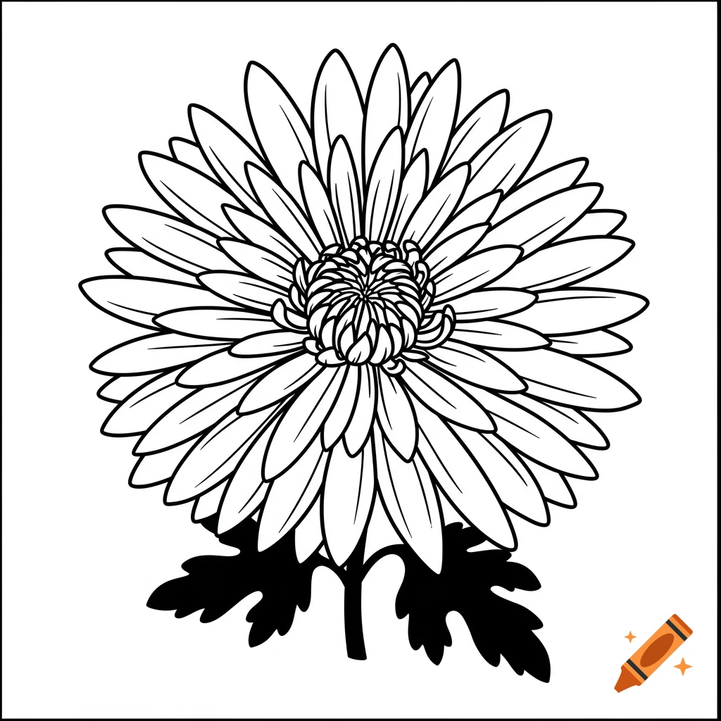 A black and white line art illustration of a chrysanthemum flower, suitable for a coloring page.