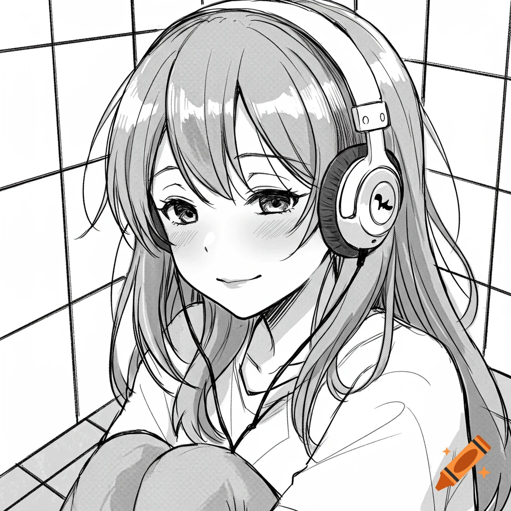 A close-up black and white sketch of an anime girl with long hair, wearing headphones and sitting on a tiled floor.