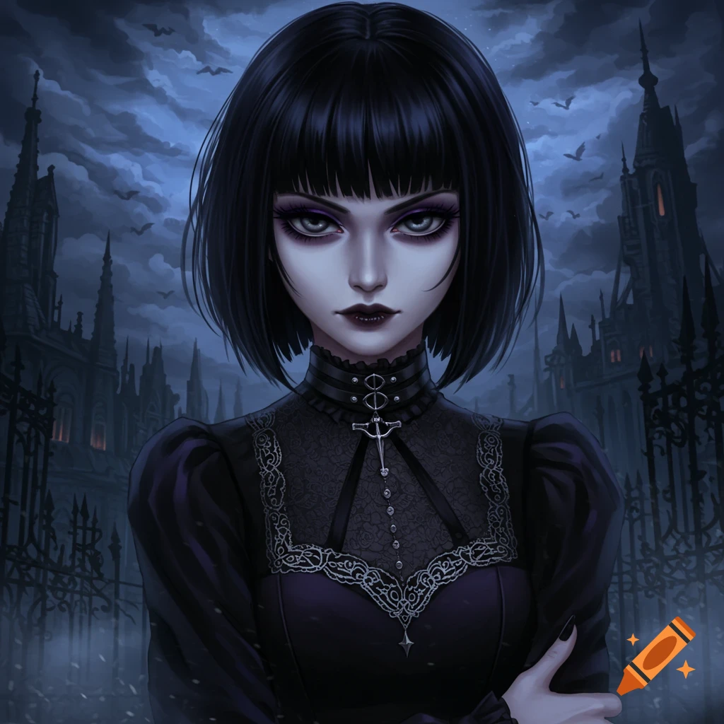 An anime goth girl with short black hair and bangs, dark makeup, and a black lace dress stands before a gothic castle.