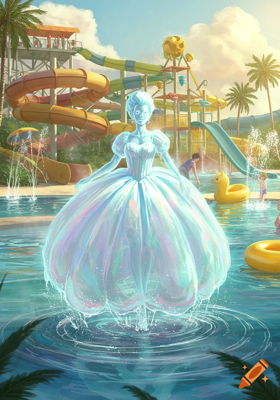 A glowing ghost in an iridescent white-blue dress floats in a water park pool with slides and palm trees under a sunny sky.