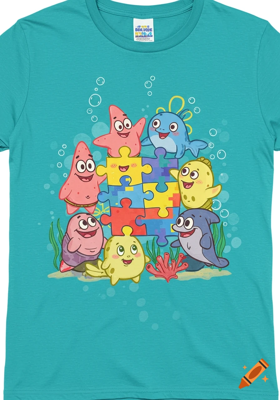 A teal t-shirt featuring cartoon sea creatures, including starfish and dolphins, with colorful puzzle pieces, representing autism awareness, in an underwater scene.