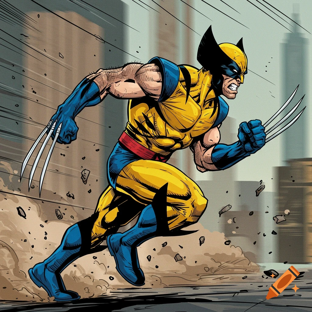 Wolverine in a comic book art style, running forward with claws extended, against a blurred city background.