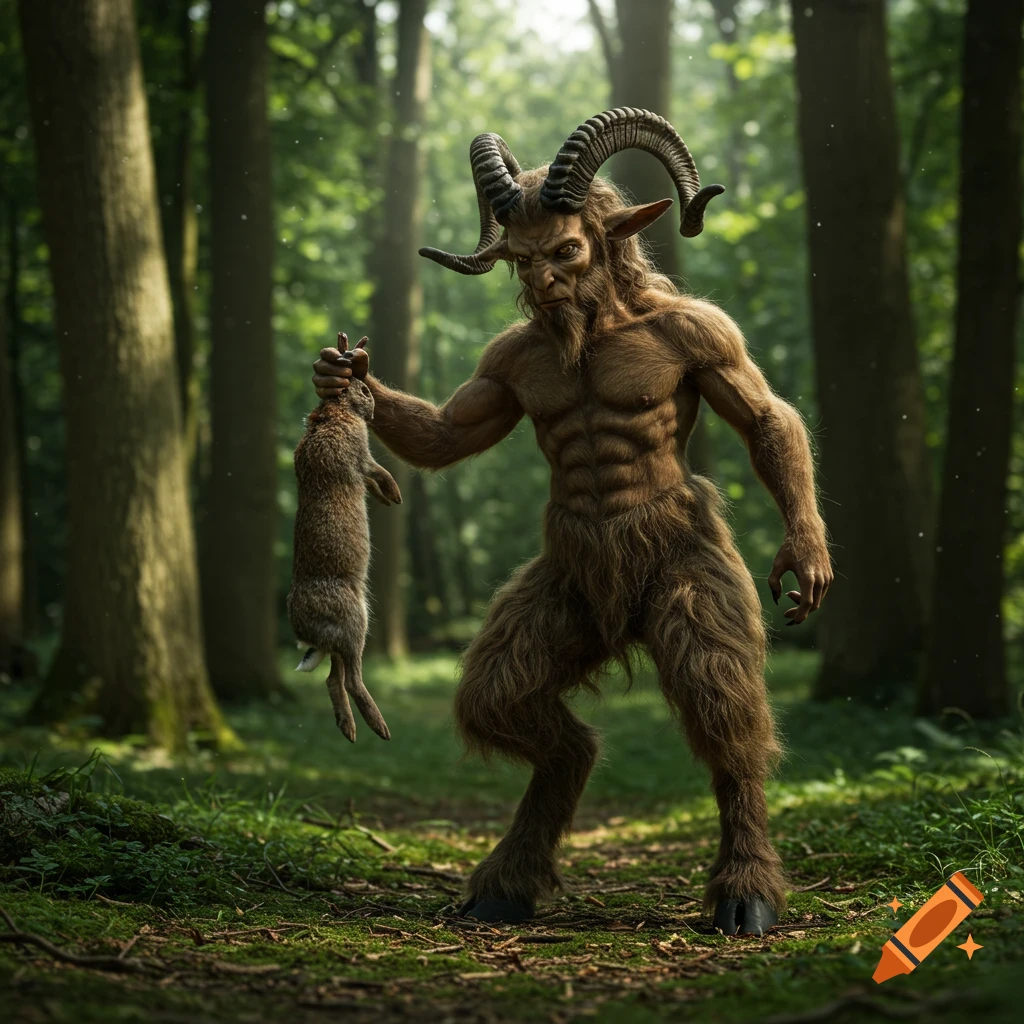 A muscular, furry satyr with horns stands in a sunlit forest, holding a dead rabbit by its leg.
