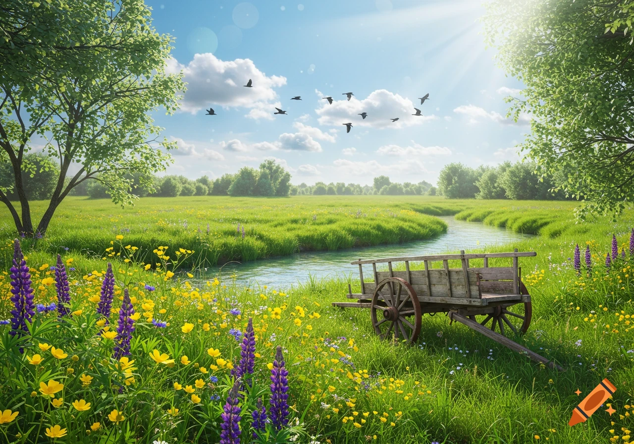 A vibrant meadow with colorful wildflowers, a winding creek, and an old wooden cart under a bright, sunny sky with birds flying.