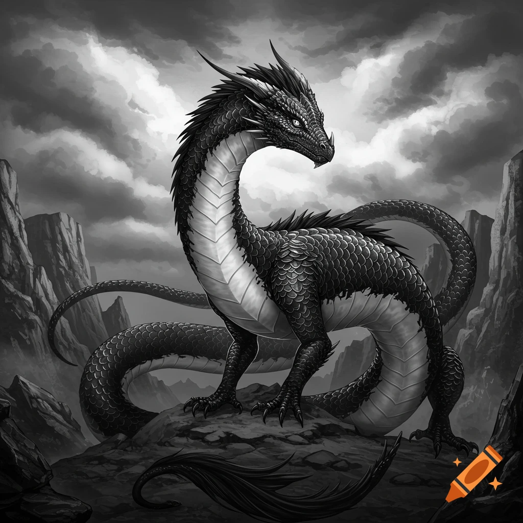 A black and white fantasy illustration of a large dragon standing on a rocky terrain under a cloudy sky.